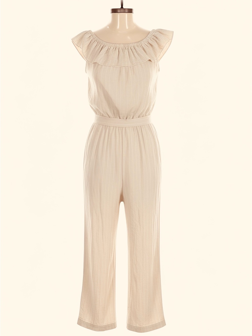 Universal Thread Ivory & White Striped Ruffle-Neck Jumpsuit - Size Small